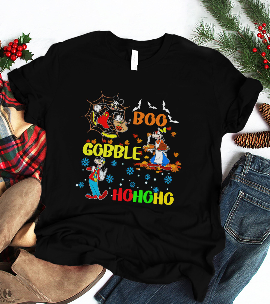 Boo Gobble HoHoHo Goofy HalloThanksMas T-Shirt