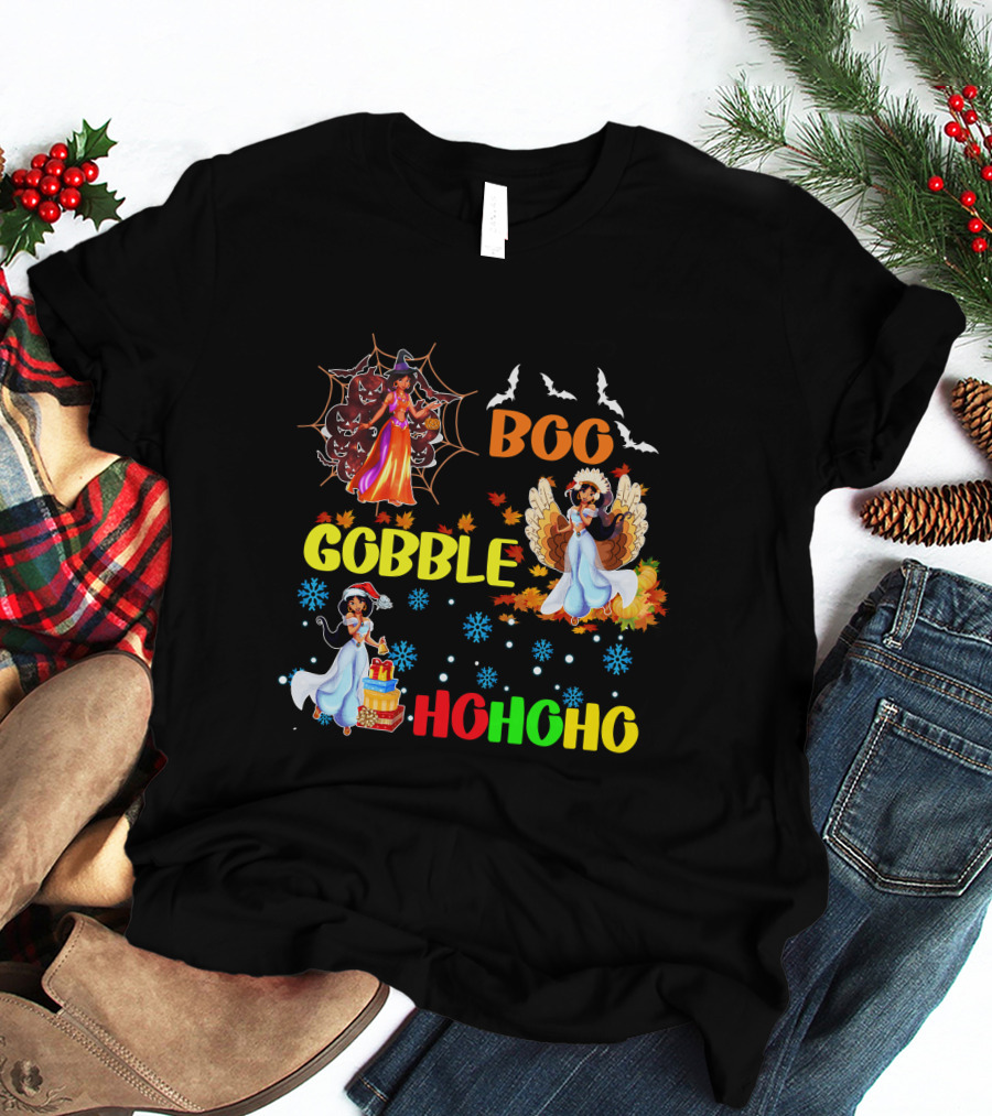 Jasmine Boo Gobble HoHoHo HalloThanksMas Bats Leaves Snowflakes T-Shirt