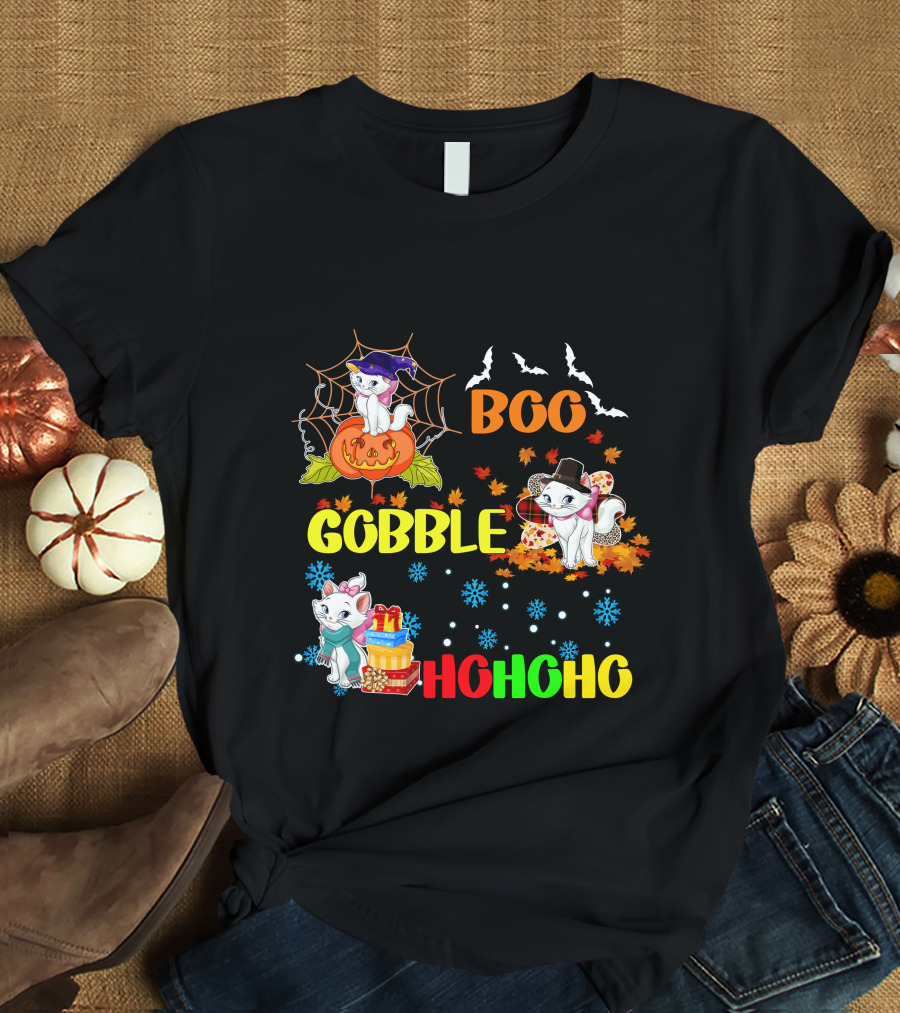 Marie Cat Boo Gobble HoHoHo HalloThanksMas T-Shirt