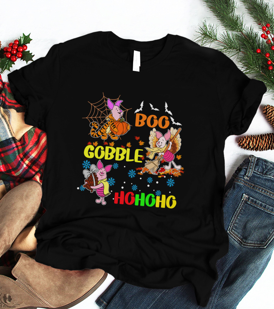Piglet Boo Gobble HoHoHo HalloThanksMas T-Shirt