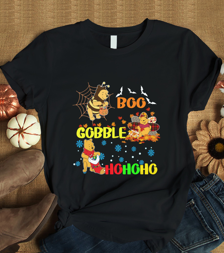 Pooh Boo Gobble HoHoHo Halloween Thanksgiving Christmas T-Shirt