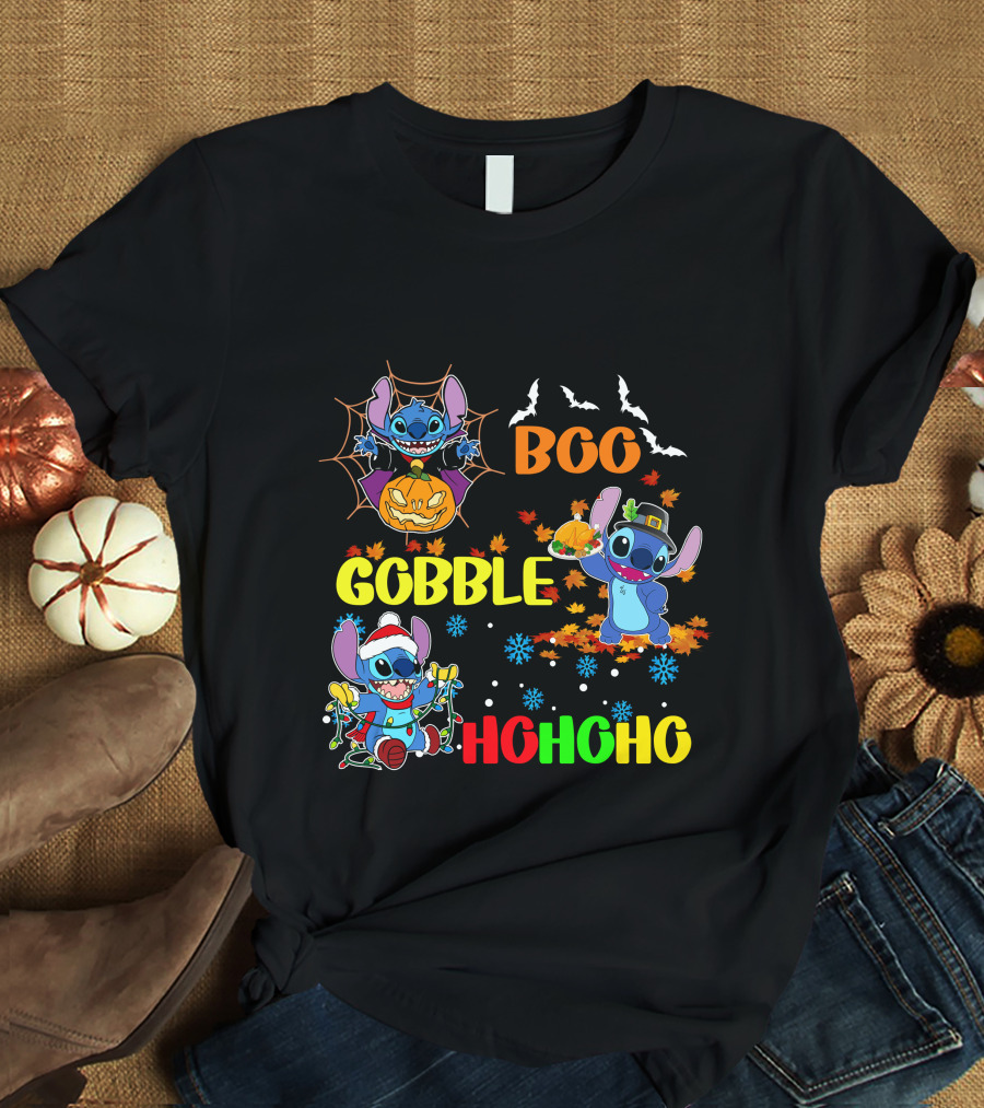 Stitch Boo Gobble Ho Ho Ho HalloThanksMas T-Shirt
