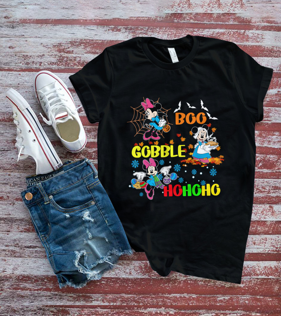Minnie Boo Gobble HoHoHo Halloween Thanksgiving Christmas T-Shirt