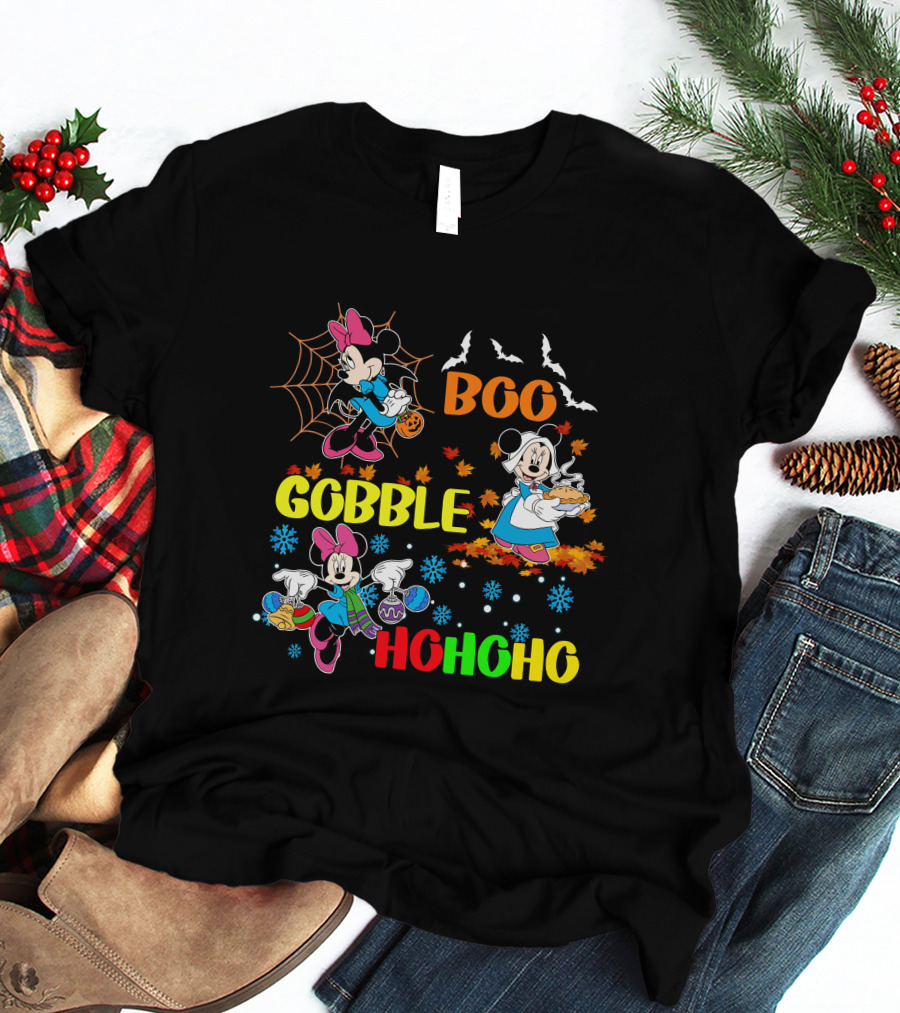 Minnie Boo Gobble HoHoHo Halloween Thanksgiving Christmas T-Shirt