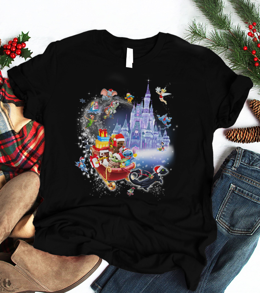 Baby Yoda Christmas Disney Castle Santa Sleigh Tinker Bell Stitch Dumbo Gifts T-Shirt