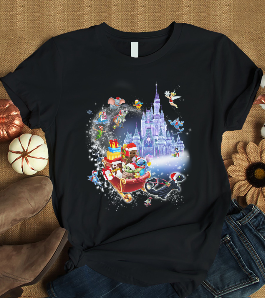 Baby Yoda Christmas Disney Castle Santa Sleigh Tinker Bell Stitch Dumbo Gifts T-Shirt