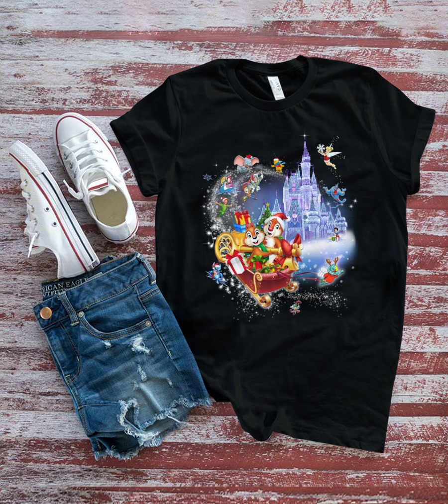 Chip And Dale Christmas Castle With Sleigh And Gifts T-Shirt