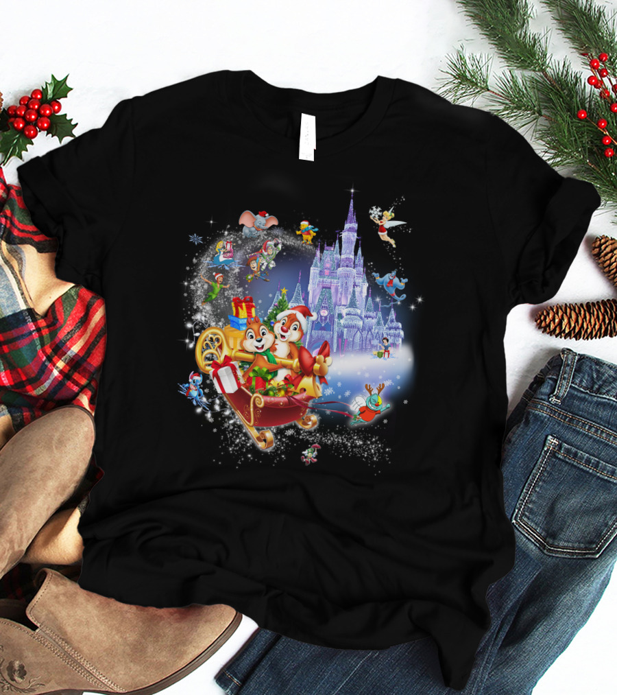 Chip And Dale Christmas Castle With Sleigh And Gifts T-Shirt