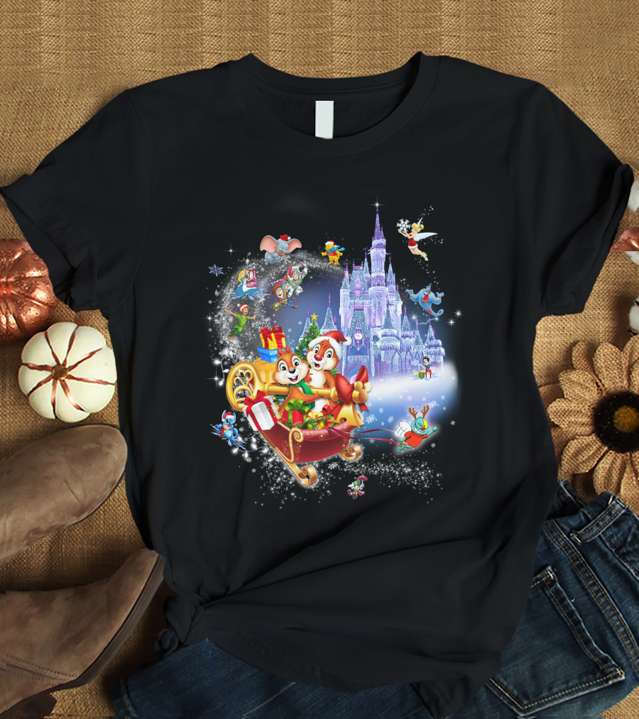Chip And Dale Christmas Castle With Sleigh And Gifts T-Shirt