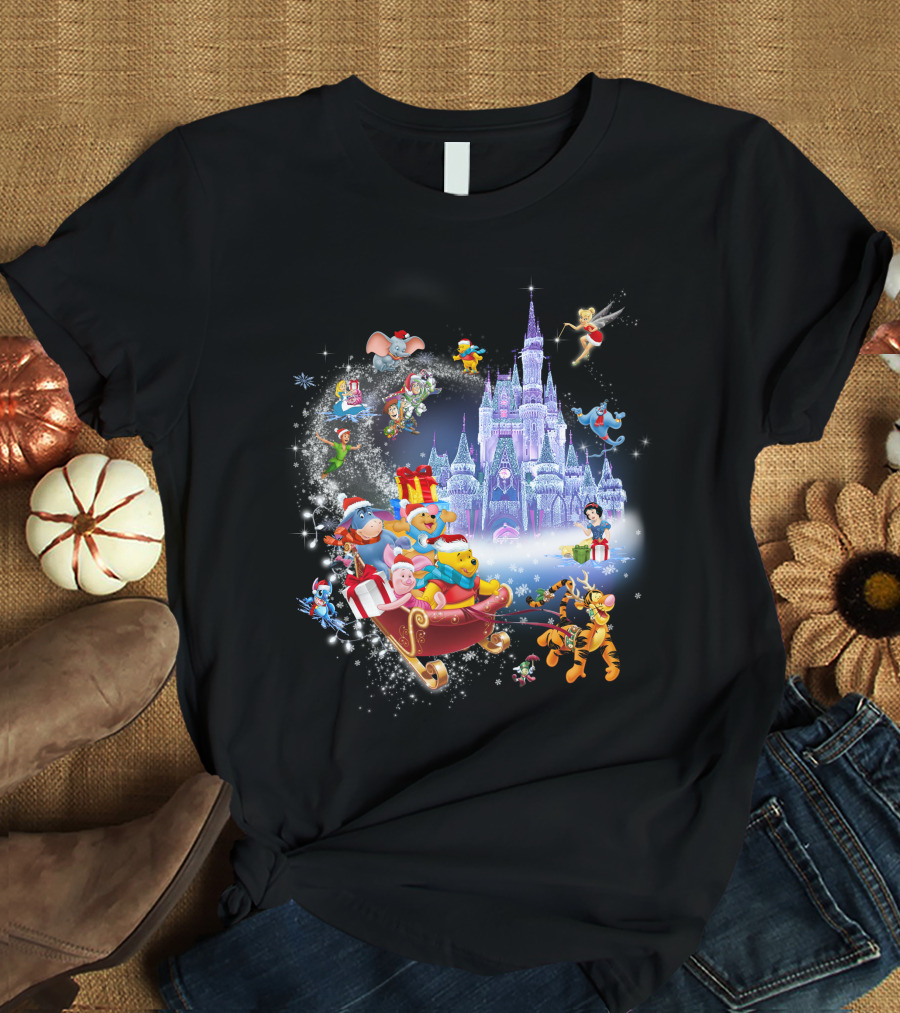 Pooh Christmas Disney Winter Wonderland With Castle And Characters T-Shirt