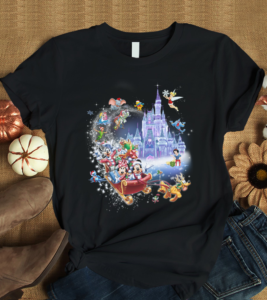 Mickey And Minnie Christmas With Castle, Disney Characters, And Winter Wonderland Holiday Scene T-Shirt