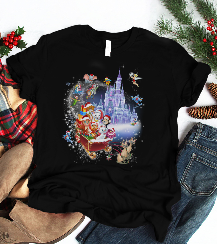 Disney Cats Christmas Castle Sleigh With Santa Hats And Tinker Bell T-Shirt