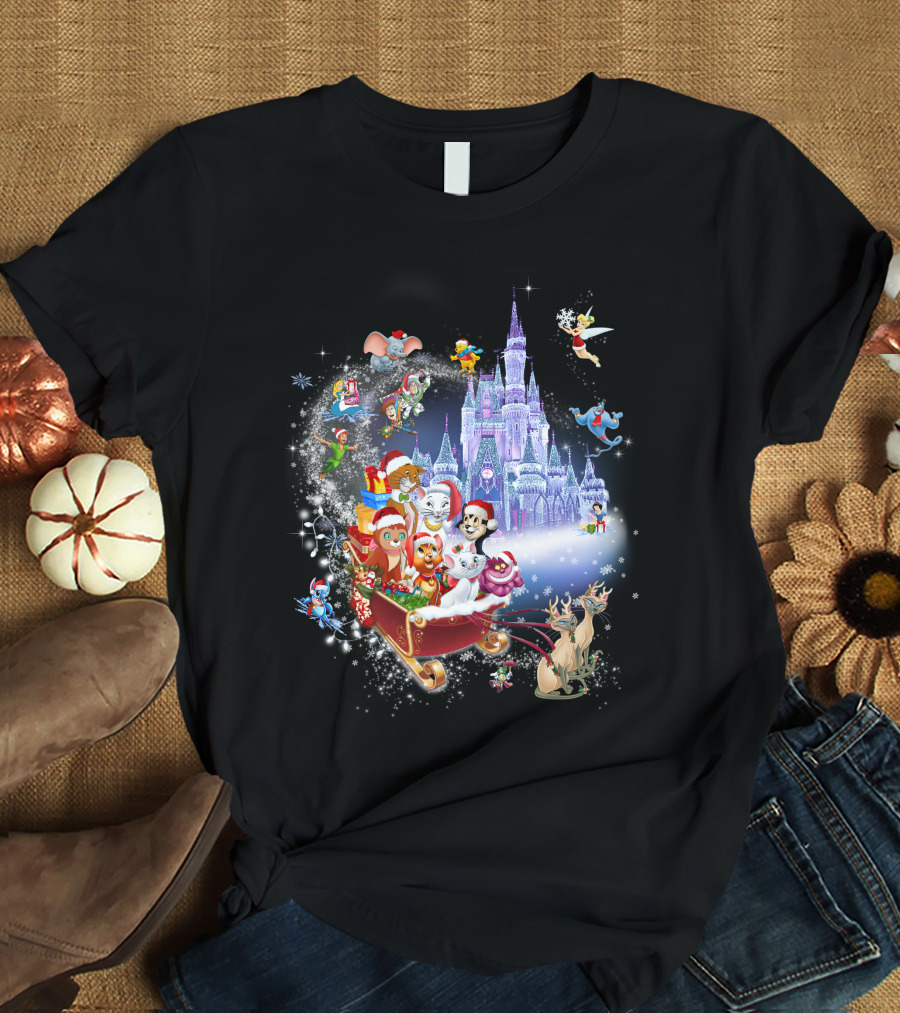 Disney Cats Christmas Castle Sleigh With Santa Hats And Tinker Bell T-Shirt