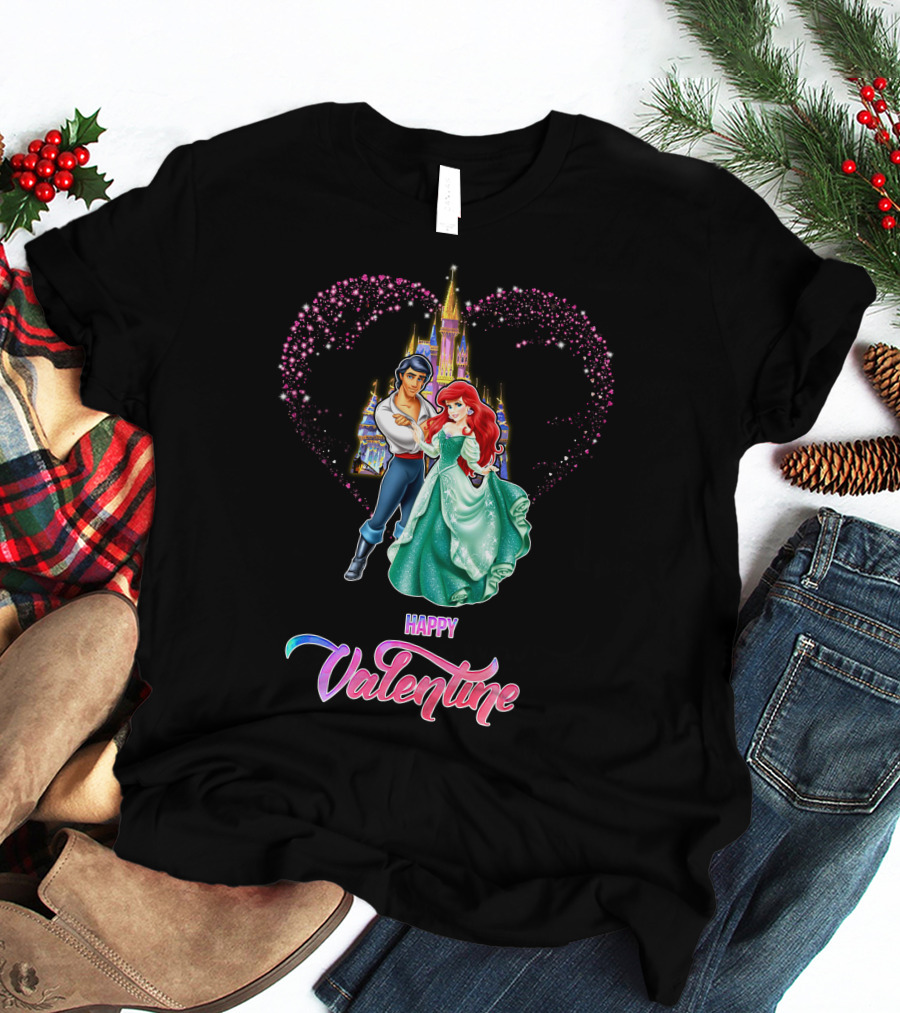 Happy Valentine Ariel Disney Princess Castle Hearts T-Shirt