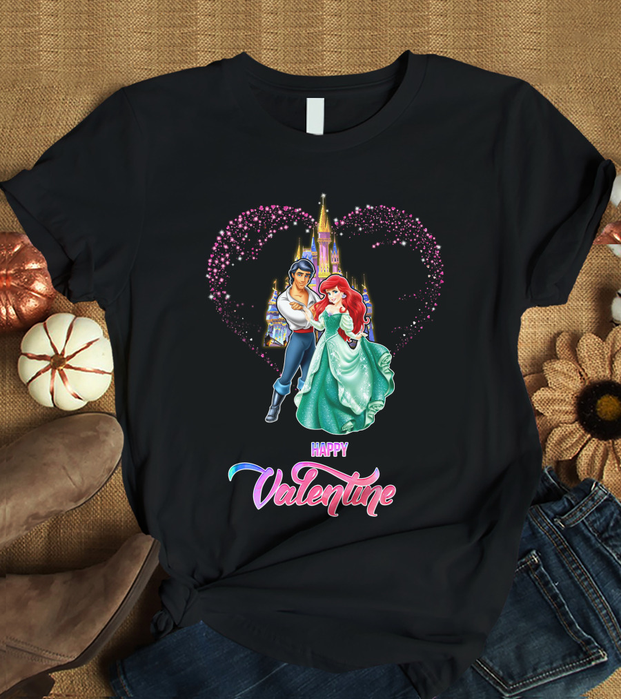 Happy Valentine Ariel Disney Princess Castle Hearts T-Shirt