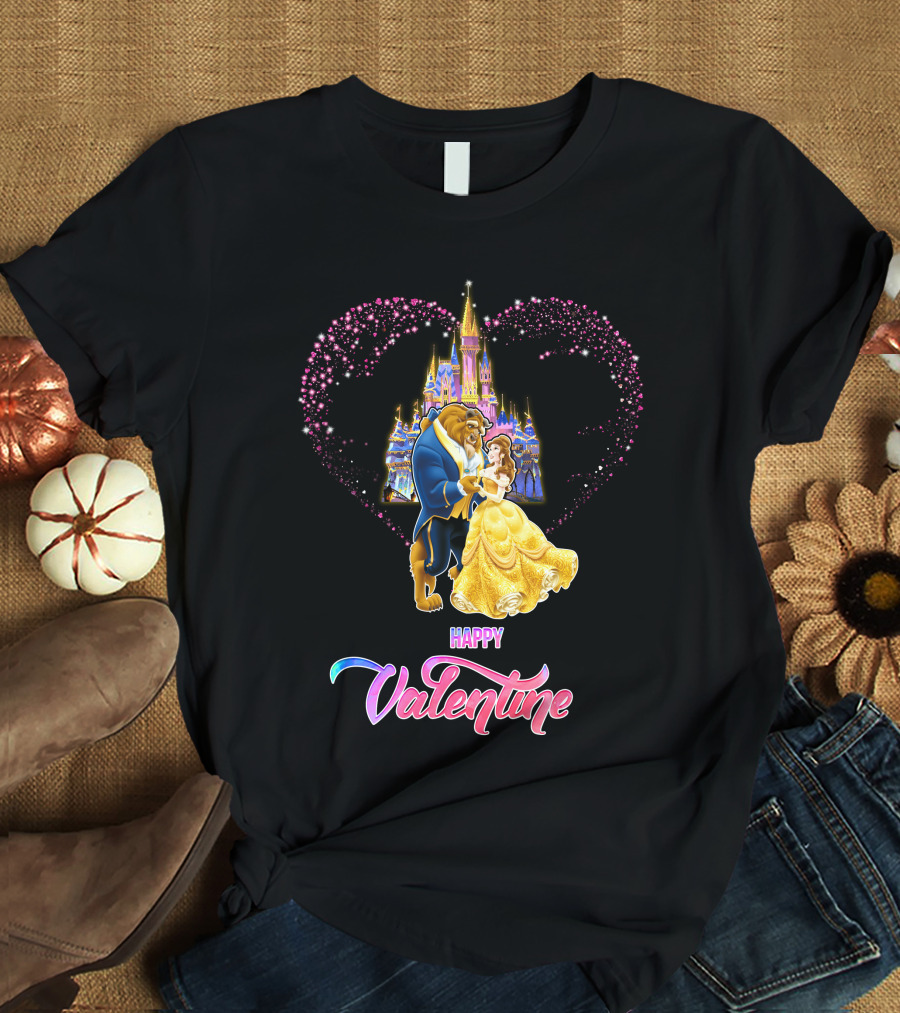 Happy Valentine Beauty And The Beast Castle Hearts T-Shirt