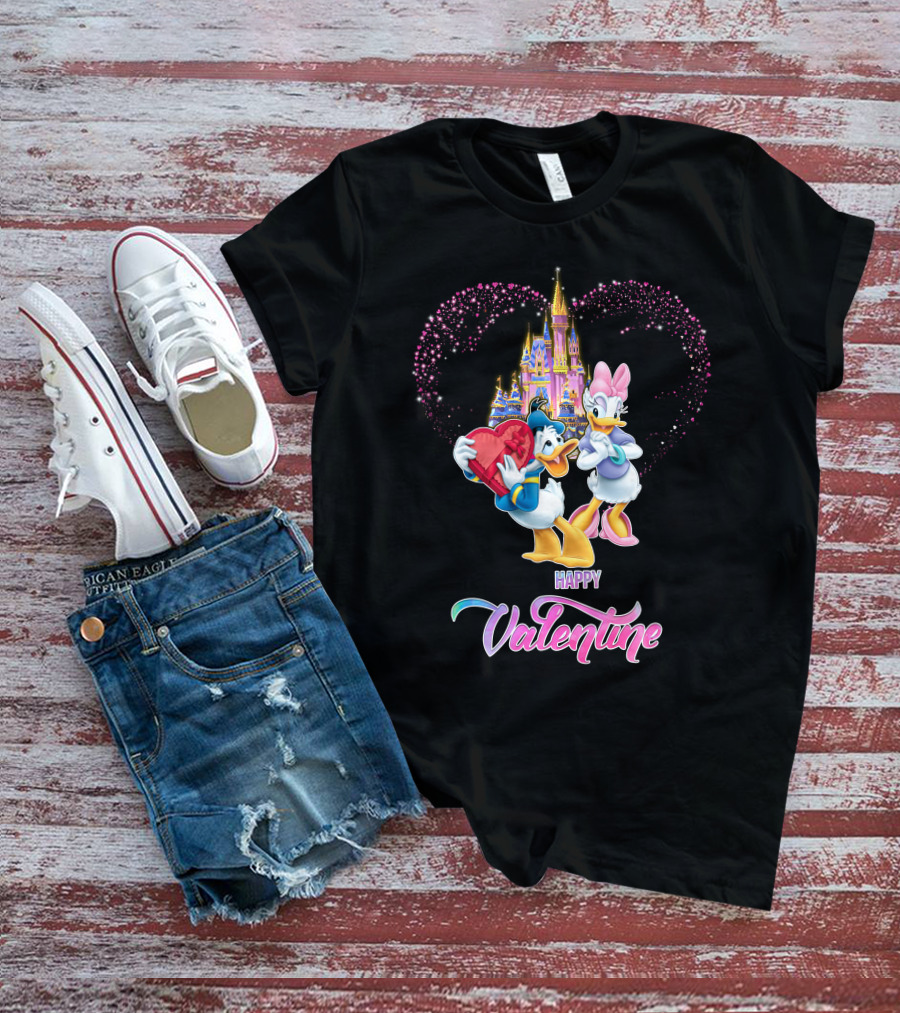 Happy Valentine Donald And Daisy With Castle Heart Background T-Shirt
