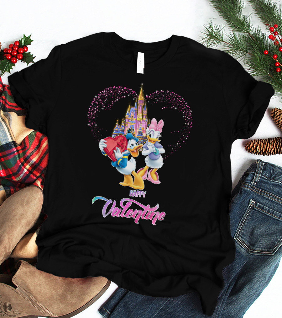 Happy Valentine Donald And Daisy With Castle Heart Background T-Shirt