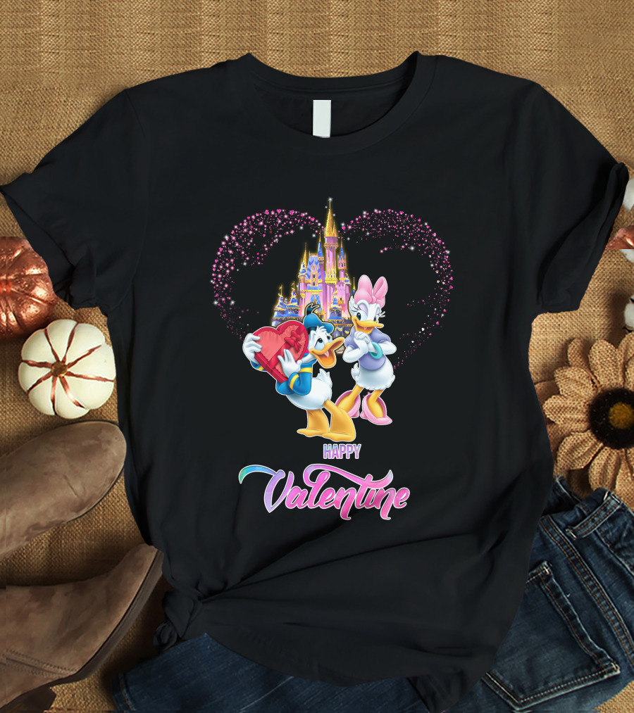 Happy Valentine Donald And Daisy With Castle Heart Background T-Shirt