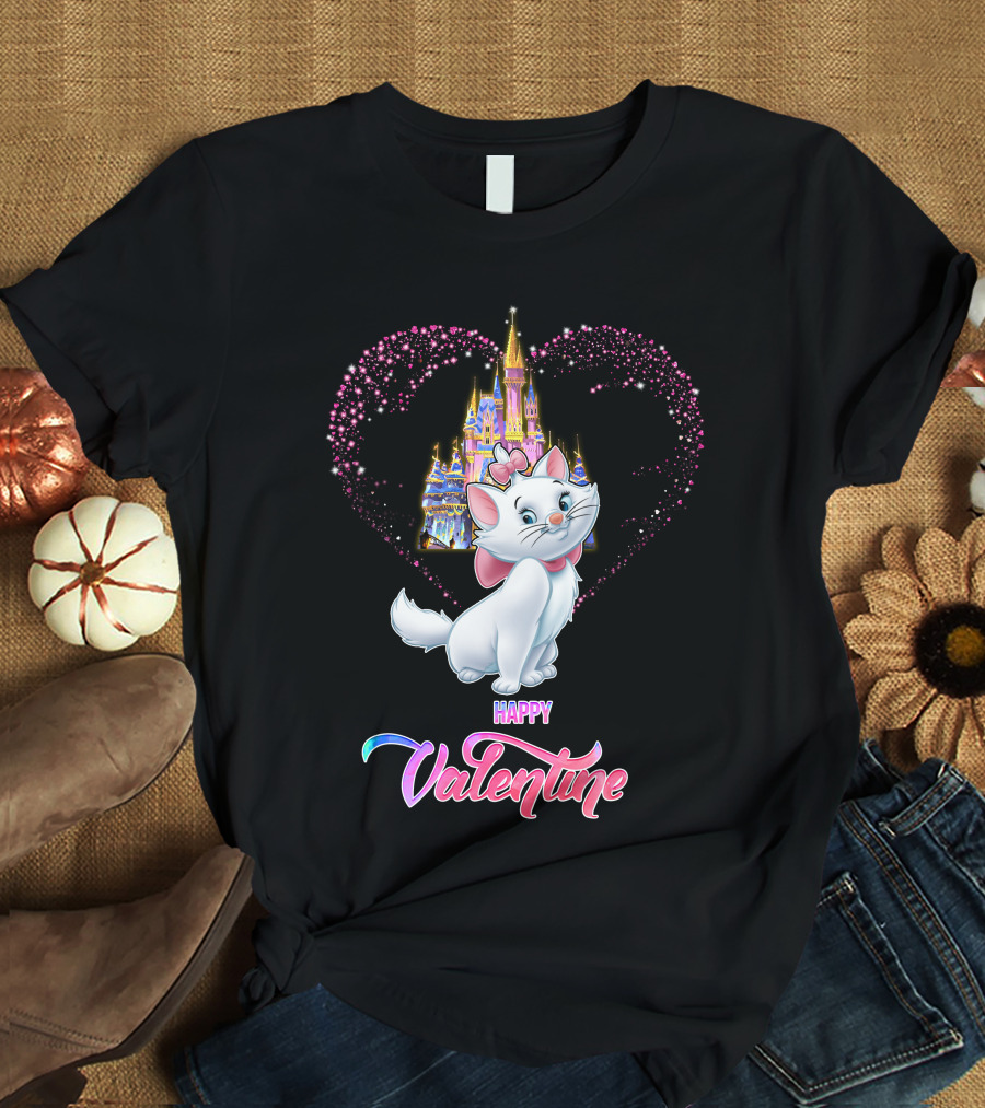 Happy Valentine Marie Cat With Castle Heart T-Shirt