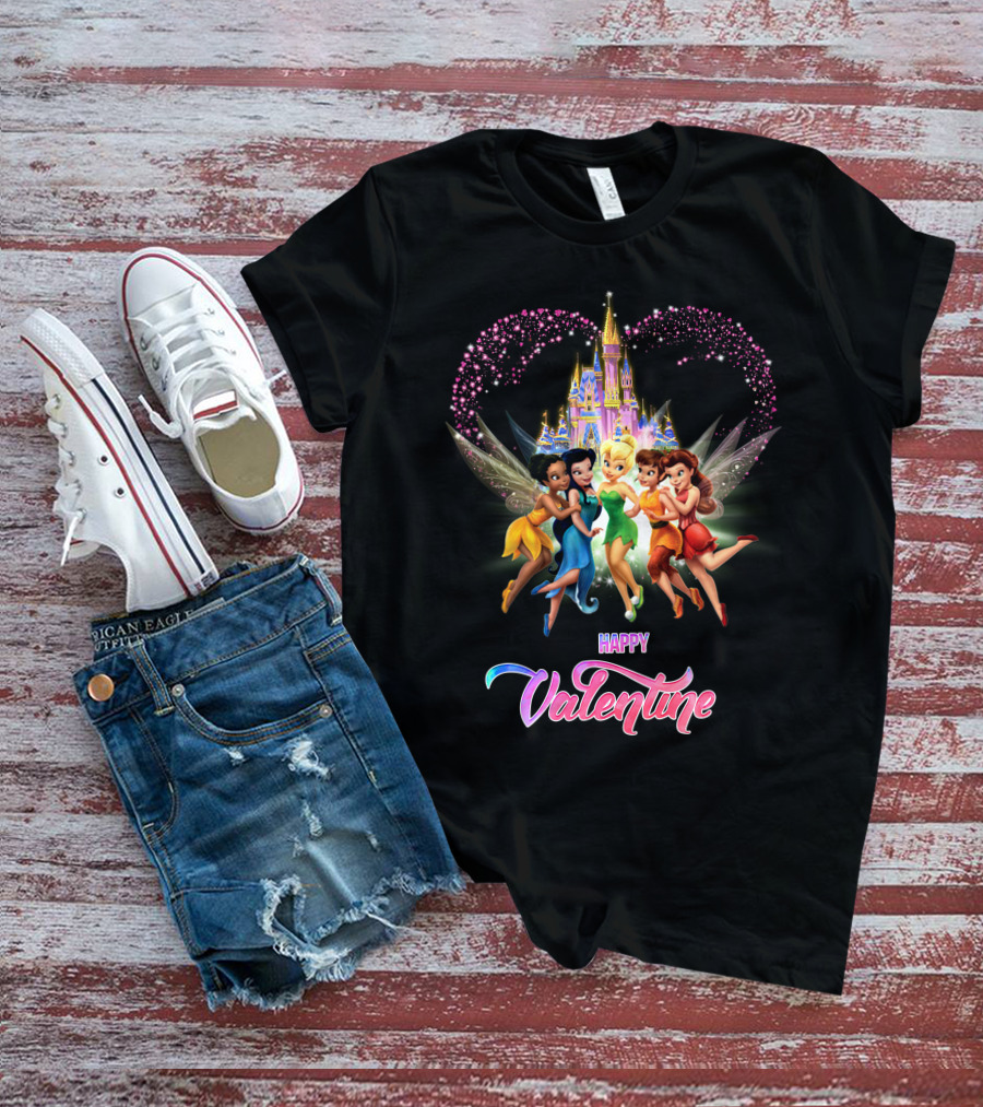 Happy Valentine Tinkerbell And Friends With Castle And Heart Magic T-Shirt
