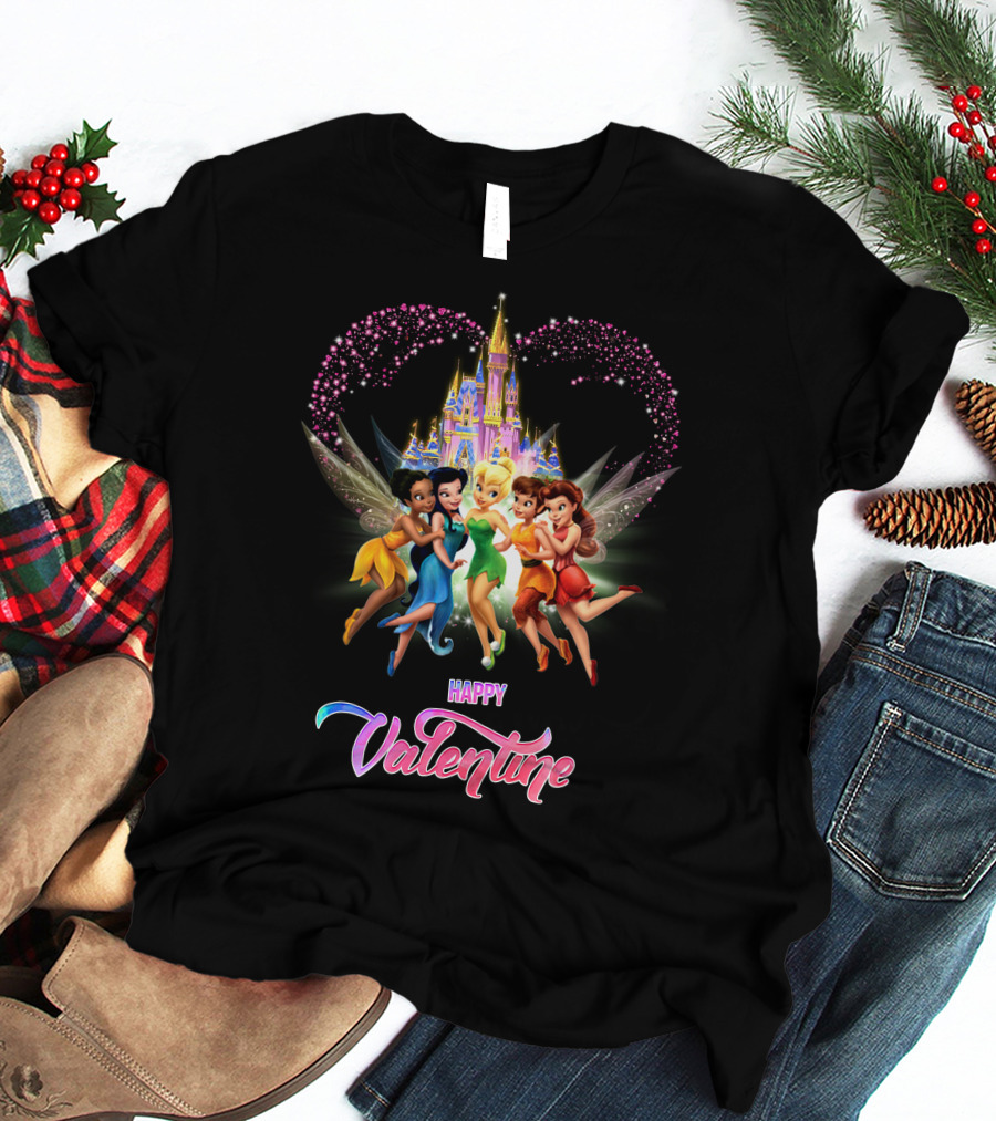 Happy Valentine Tinkerbell And Friends With Castle And Heart Magic T-Shirt