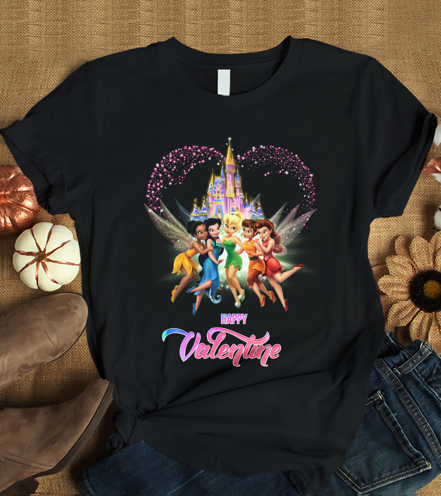 Happy Valentine Tinkerbell And Friends With Castle And Heart Magic T-Shirt