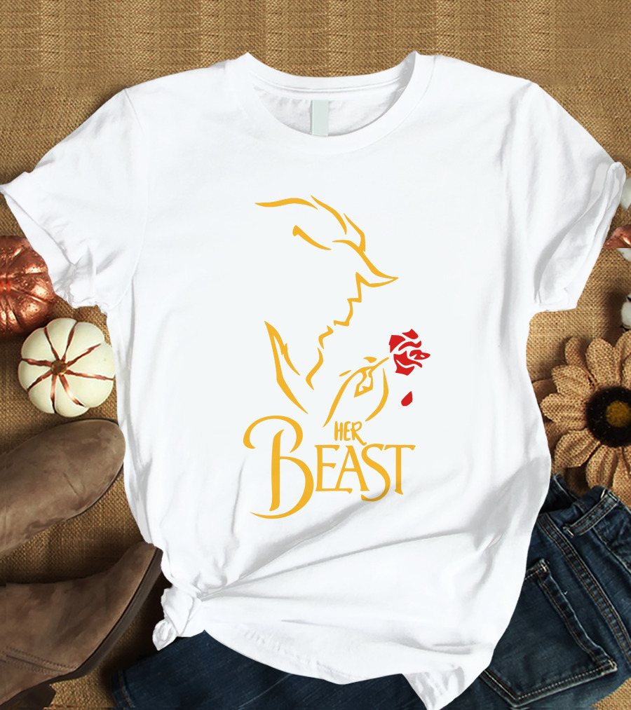 Her Beast Silhouette With Red Rose Beauty And The Beast T-Shirt