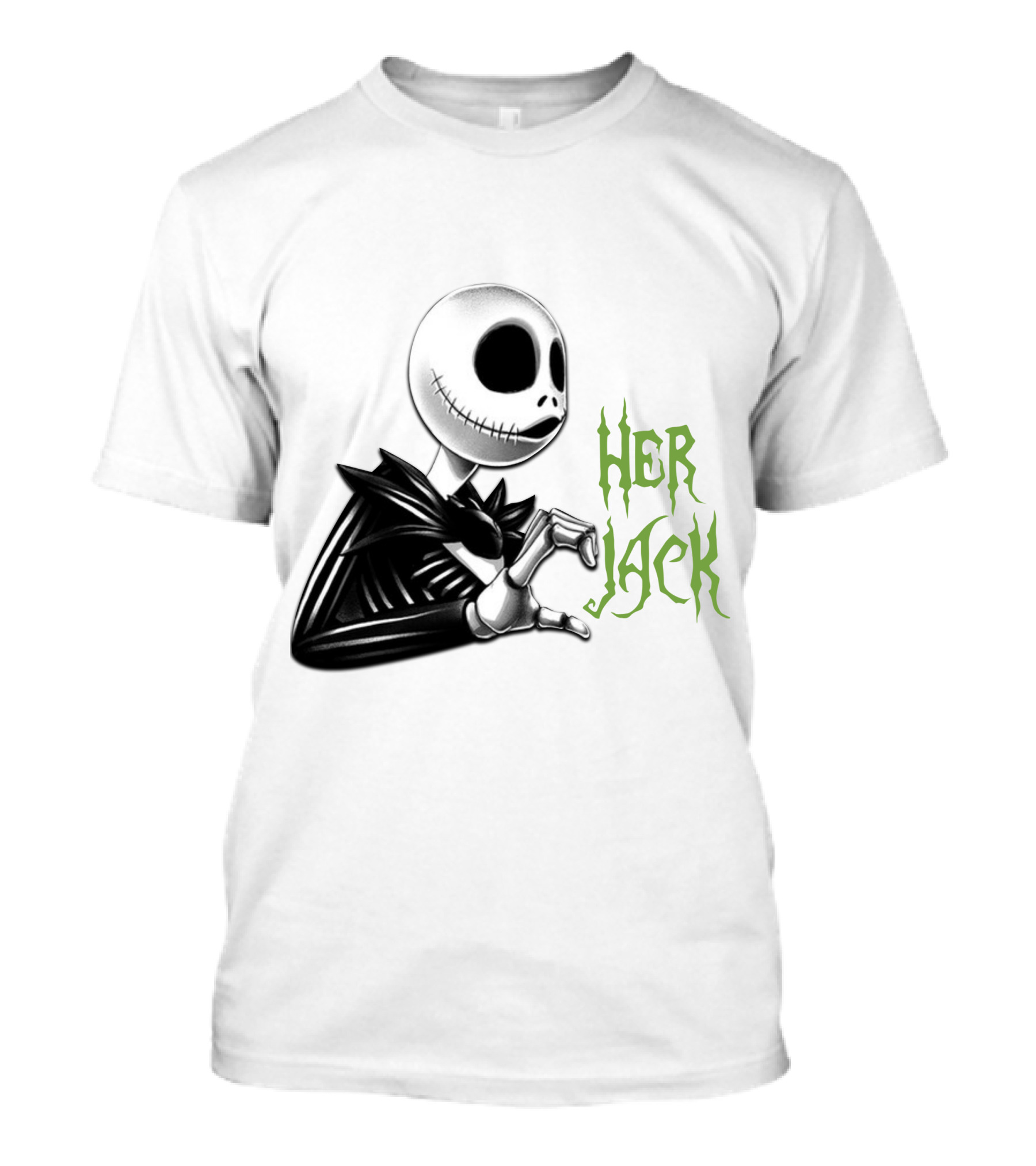 HER JACK SKELETON CHARACTER SKETCH BLACK AND WHITE GREEN LETTERING T-Shirt