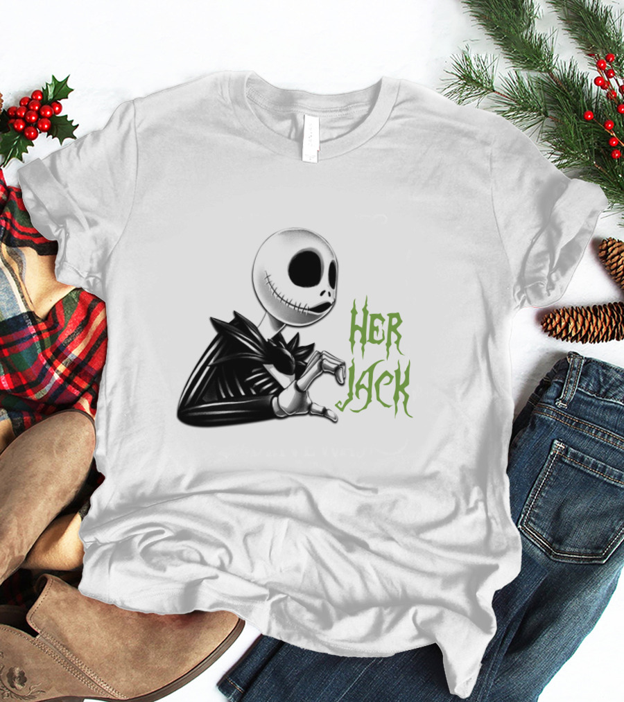 HER JACK SKELETON CHARACTER SKETCH BLACK AND WHITE GREEN LETTERING T-Shirt