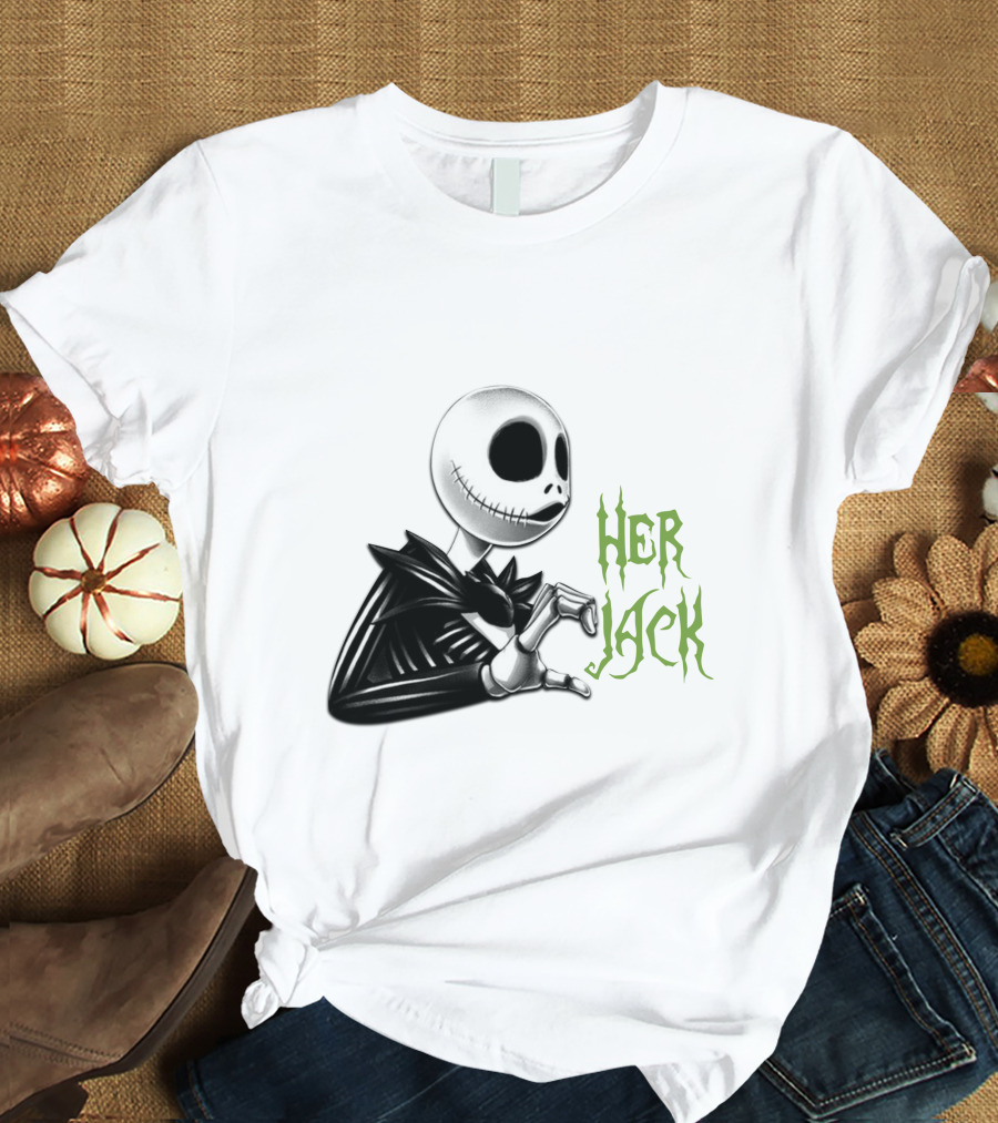 HER JACK SKELETON CHARACTER SKETCH BLACK AND WHITE GREEN LETTERING T-Shirt