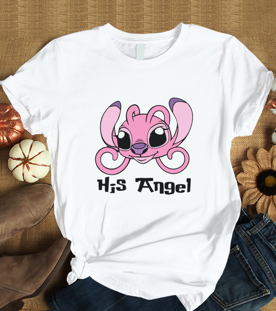 Stitch His Angel Pink Character Featuring Large Ears And Whimsical T-Shirt