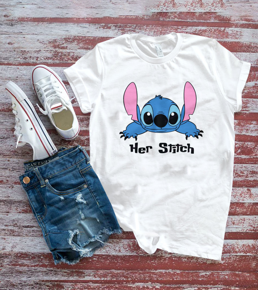 Her Stitch Cute Blue Alien Character Peeking T-Shirt