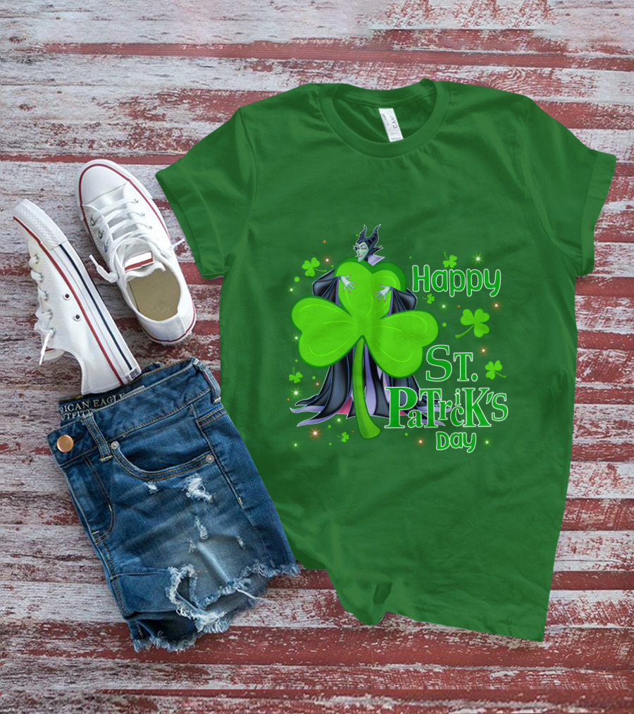 Maleficent Happy St Patrick's Day Shamrock Clover Sparkle T-Shirt