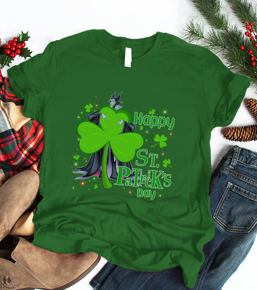 Maleficent Happy St Patrick's Day Shamrock Clover Sparkle T-Shirt