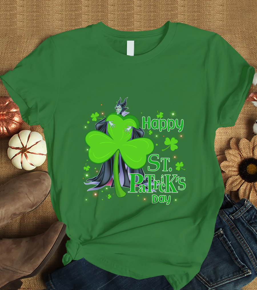 Maleficent Happy St Patrick's Day Shamrock Clover Sparkle T-Shirt