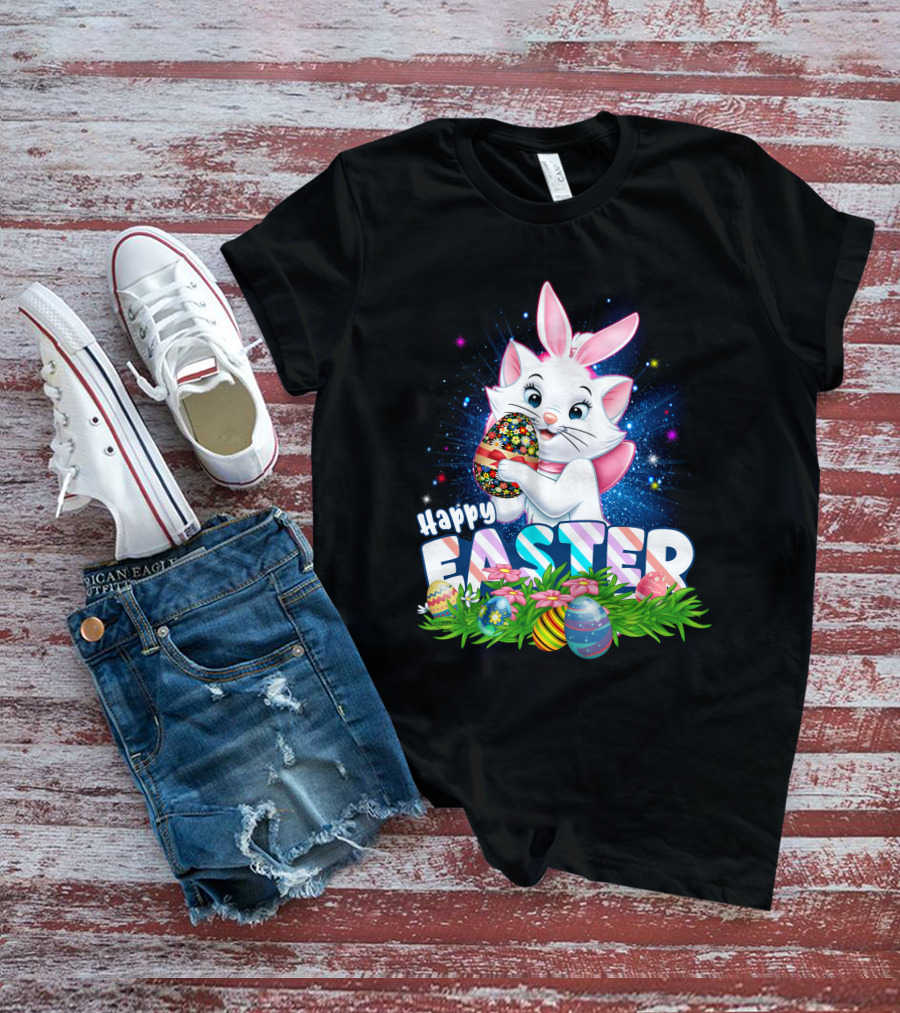 Happy Easter Marie Cat With Colorful Easter Eggs And Flowers T-Shirt