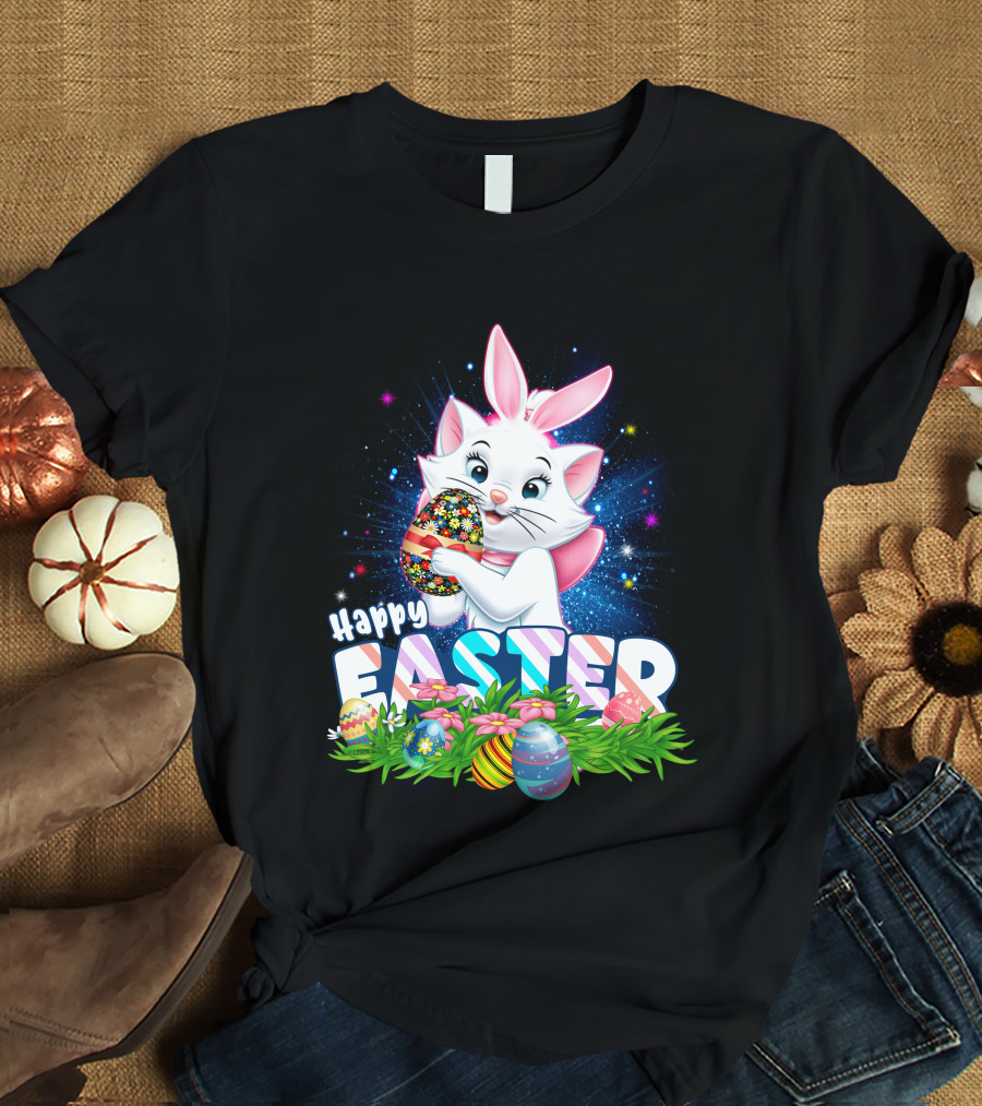 Happy Easter Marie Cat With Colorful Easter Eggs And Flowers T-Shirt