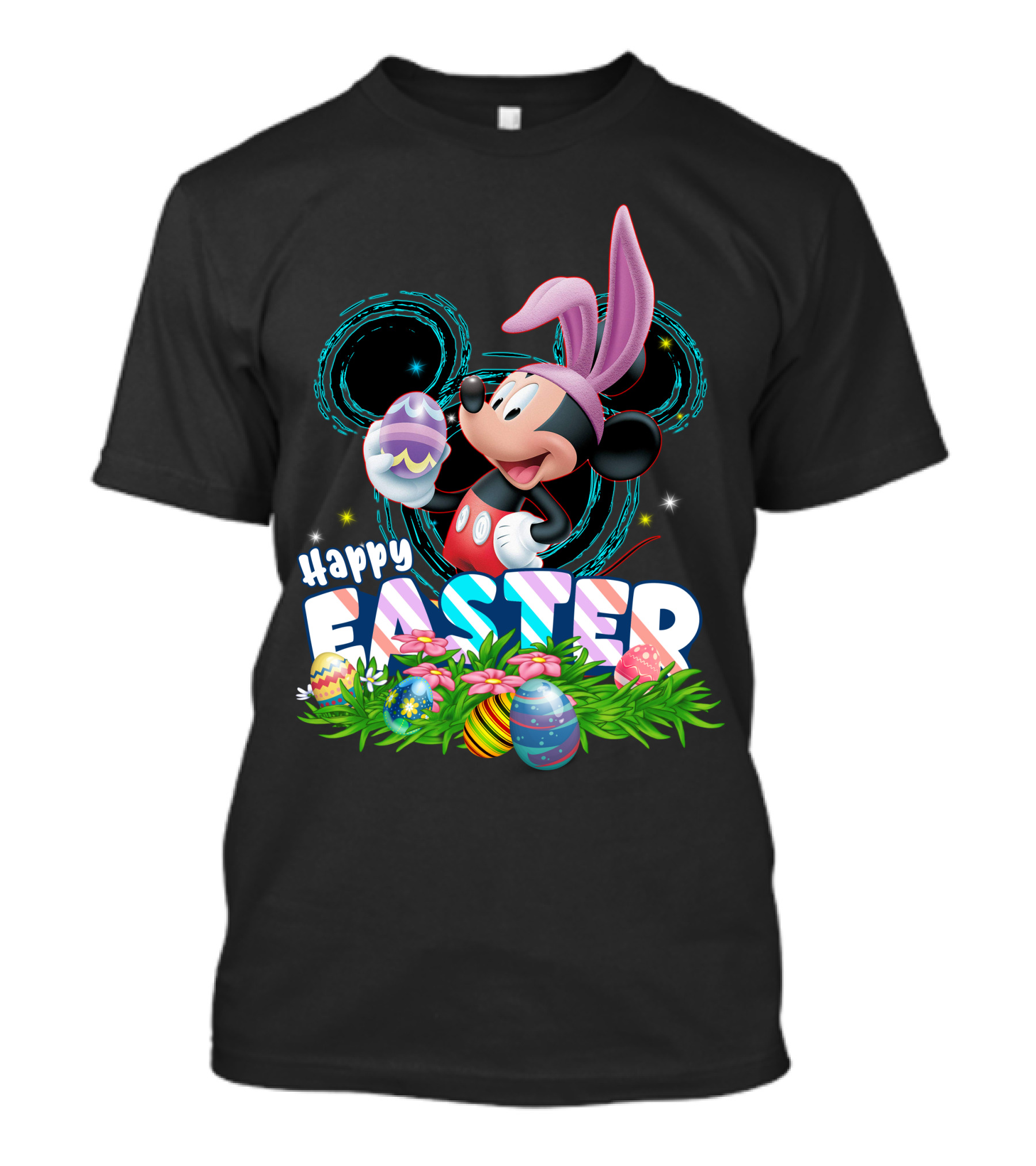 MK Happy Easter Mickey Mouse Bunny Ears Holding Colorful Easter Eggs In Grass T-Shirt