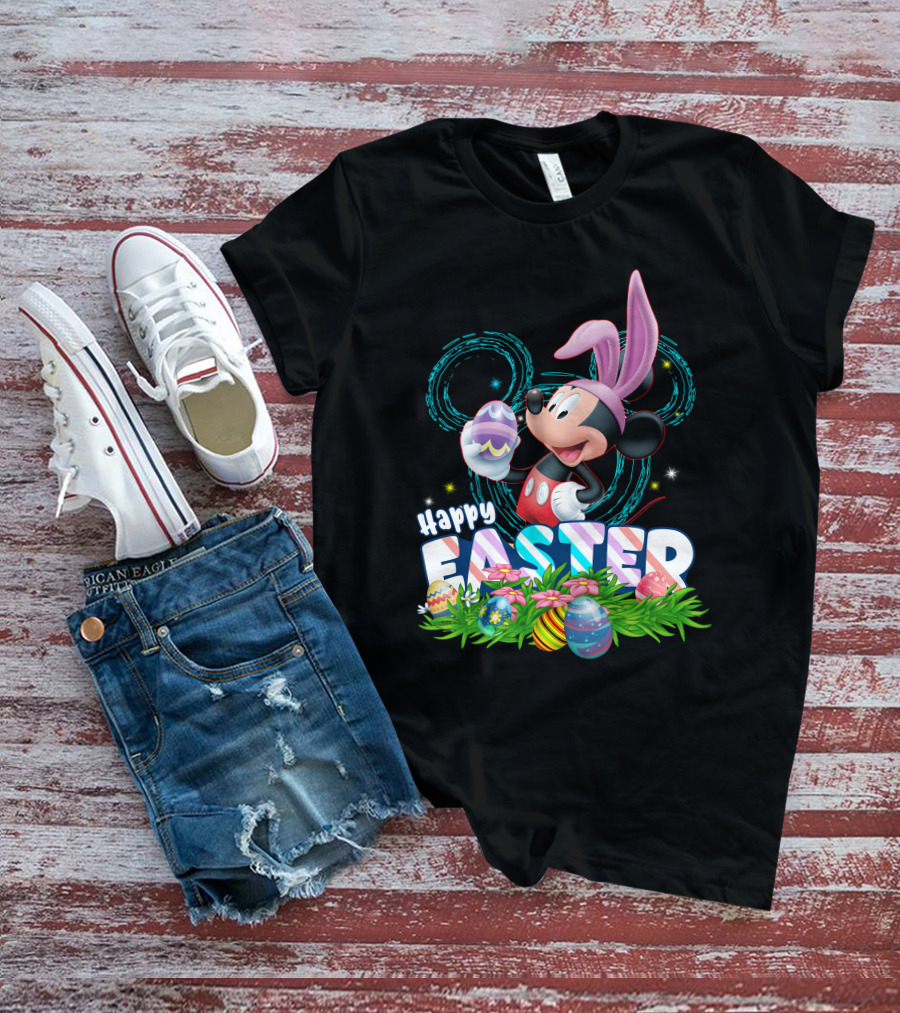 MK Happy Easter Mickey Mouse Bunny Ears Holding Colorful Easter Eggs In Grass T-Shirt