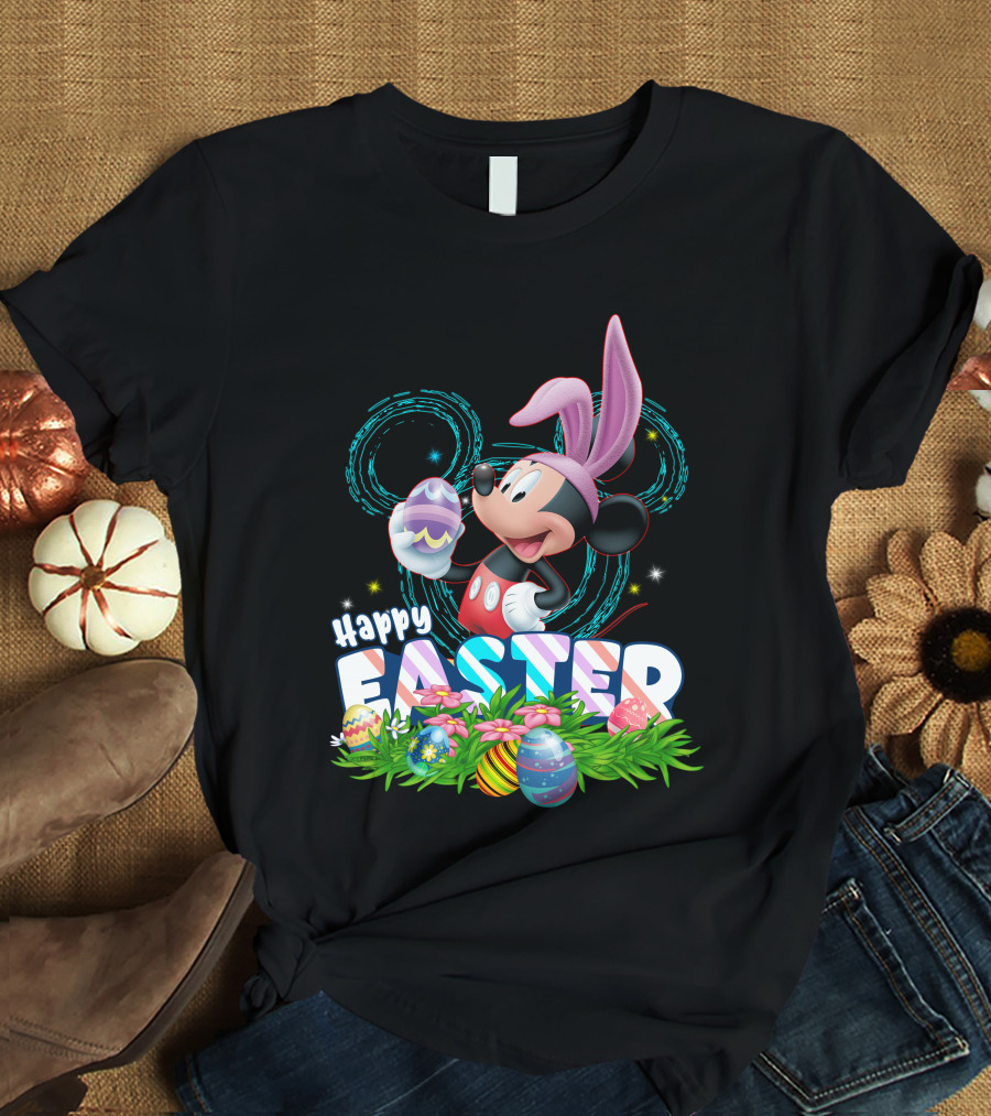 MK Happy Easter Mickey Mouse Bunny Ears Holding Colorful Easter Eggs In Grass T-Shirt