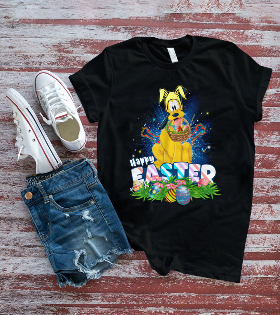 Pluto Happy Easter Basket With Eggs And Flowers T-Shirt