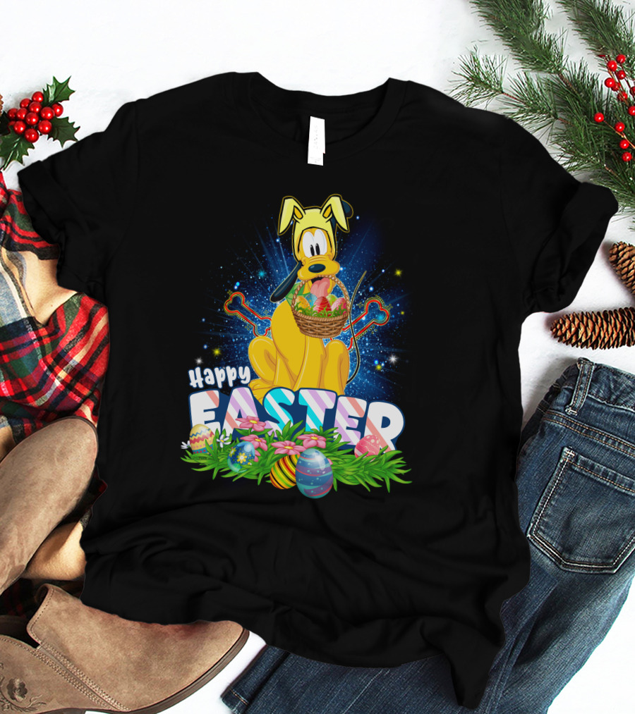 Pluto Happy Easter Basket With Eggs And Flowers T-Shirt