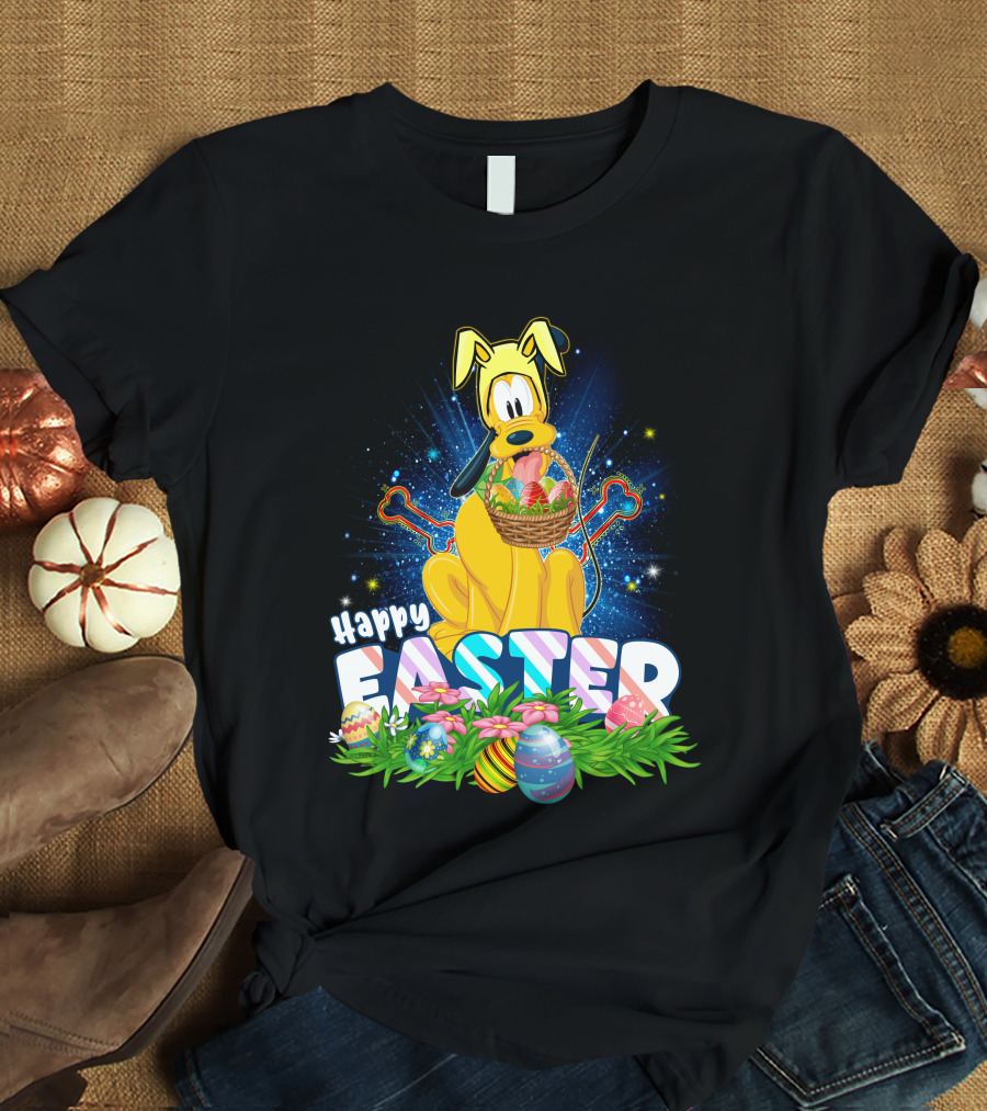 Pluto Happy Easter Basket With Eggs And Flowers T-Shirt