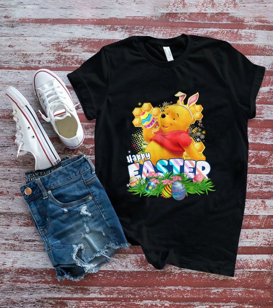 Pooh Happy Easter With Eggs And Honeycomb Background T-Shirt