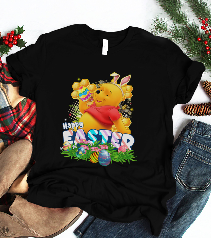 Pooh Happy Easter With Eggs And Honeycomb Background T-Shirt