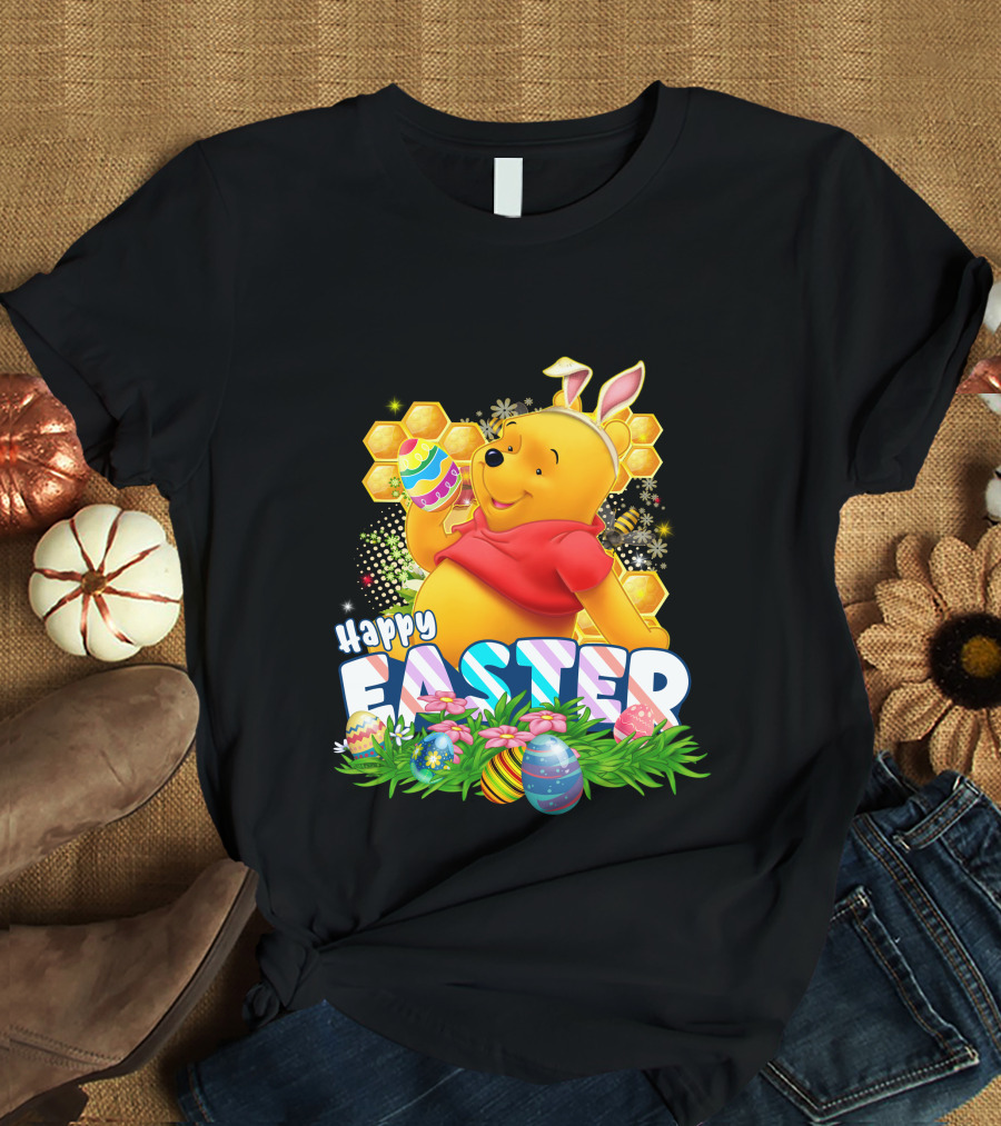Pooh Happy Easter With Eggs And Honeycomb Background T-Shirt