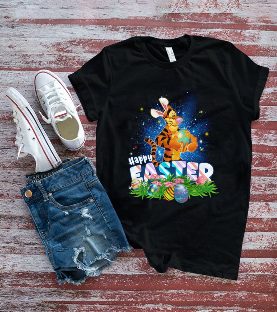 Tigger Happy Easter With Colorful Eggs And Flowers T-Shirt