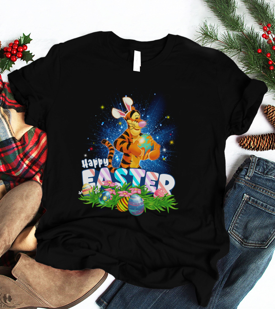 Tigger Happy Easter With Colorful Eggs And Flowers T-Shirt