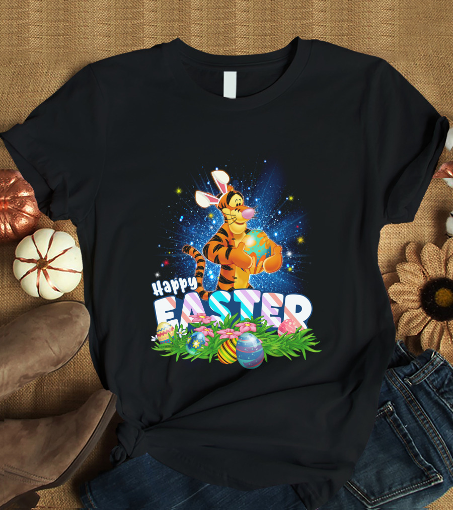 Tigger Happy Easter With Colorful Eggs And Flowers T-Shirt